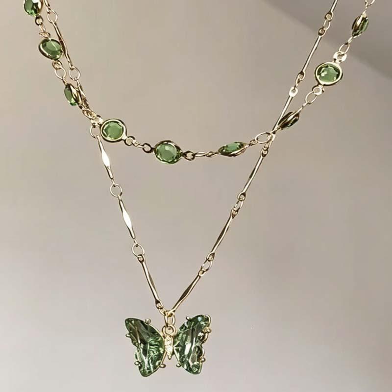 Mountain Forest Sweet Talk~Forest Green Butterfly Double Layer Necklace: Niche Summer Versatile Clavicle Chain for Women