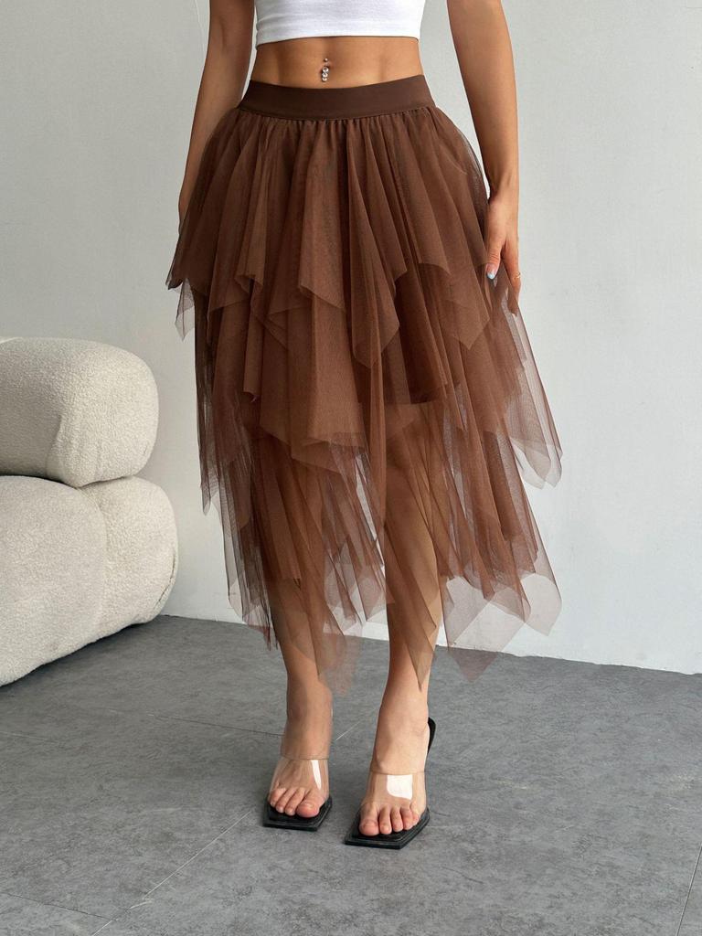 Unregelmäßiger Mesh High Waist Tüll Midi-Rock für Damen - Frühjahrsankunft 2025