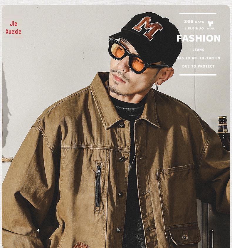 Men's Autumn Loose Fit Cotton Workwear Jacket - Trendy, Multi-Pocket, Plus Size, Casual Lapel Top
