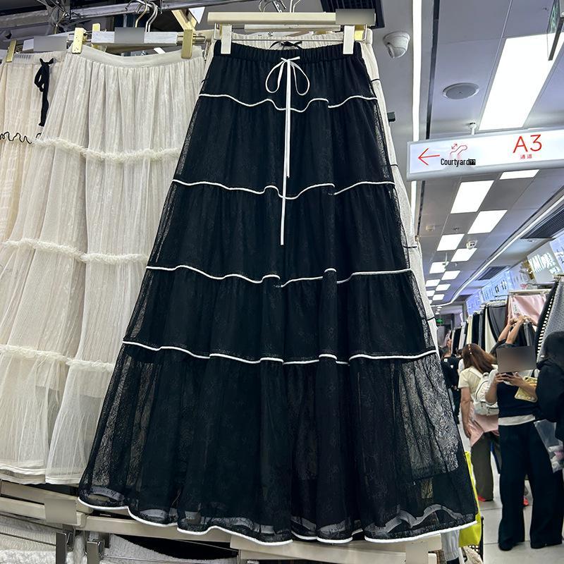 

Women s French Romantic Lace Pleated Midi Skirt - High Waist, Loose Drape, Large Hem One Size чорний