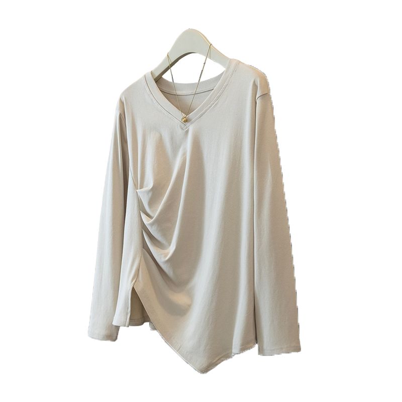 Spring Autumn Irregular V-neck Straight Shoulder Loose Mid-length Loose Casual and Versatile Base Long-sleeved Top for Women