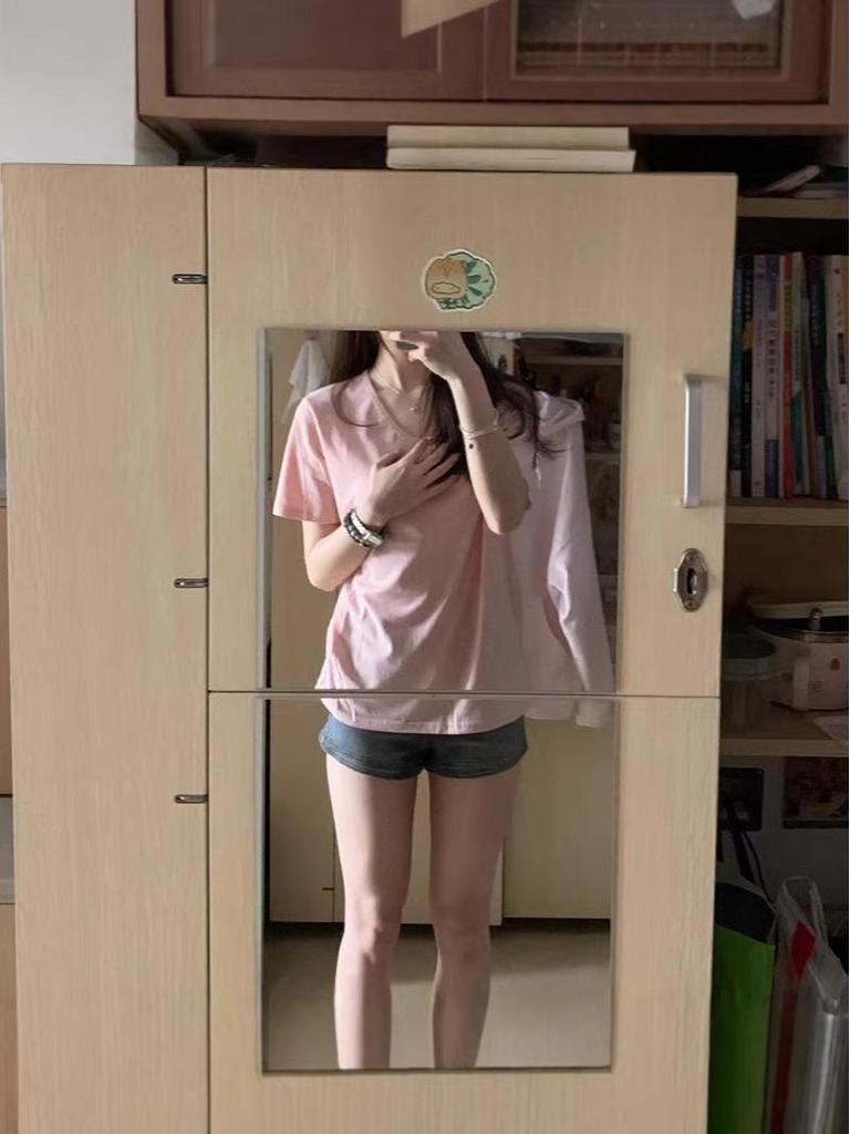 Women's Pink V-Neck Short-Sleeve T-Shirt - Summer 2026 Korean Style, Loose Fit, Slimming, Versatile Plain Color Half-Sleeve Top