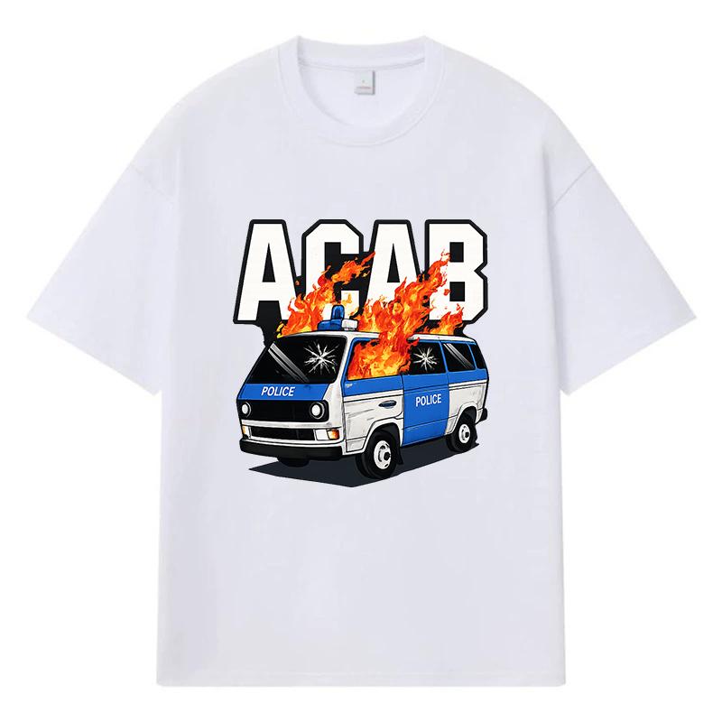 2026 Police Van With Fire Printed Graphic Y2k Harajuku Streetwear 100% Cotton T Shirt Casual Oversized Summer Men T-shirt