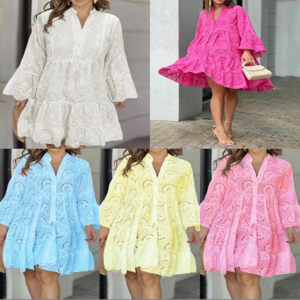 Spring Autumn Solid Color V-neck Loose Embroidered Hollow Out Lace Dress for Women European American Crossbody Casual Dress