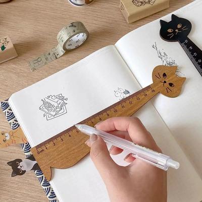 Regla con forma de gato, regla recta de madera con forma de animal para oficina, escuela, hogar, papelería