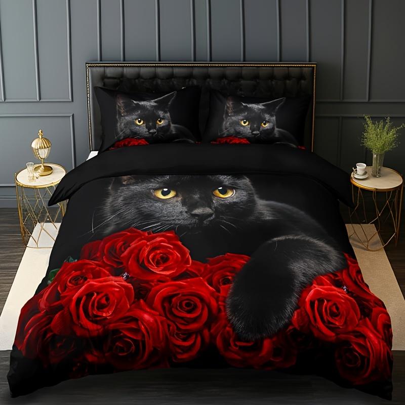 Black Cat Rose Print Bedding Set Includes 1 Duvet Cover And 2 Pillowcases Breathable Polyester Perfect For All Seasons