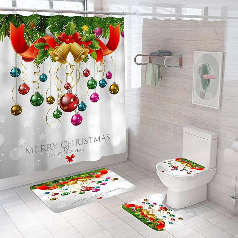 

New Christmas Ball Shower Curtain Set Christmas Bath Mat Set Carpet Toilet Cover Bath Mat Room Set Decoration Non-Slip Carpet W60H190(CM)-1 Pcs