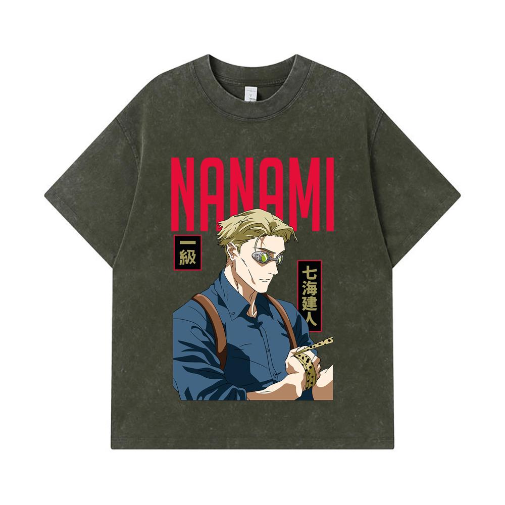 275 GSM Washed T-shirts 100% Cotton Jujutsu Kaisen V60 Nanami Print Unisex Heavy Cotton T Shirt