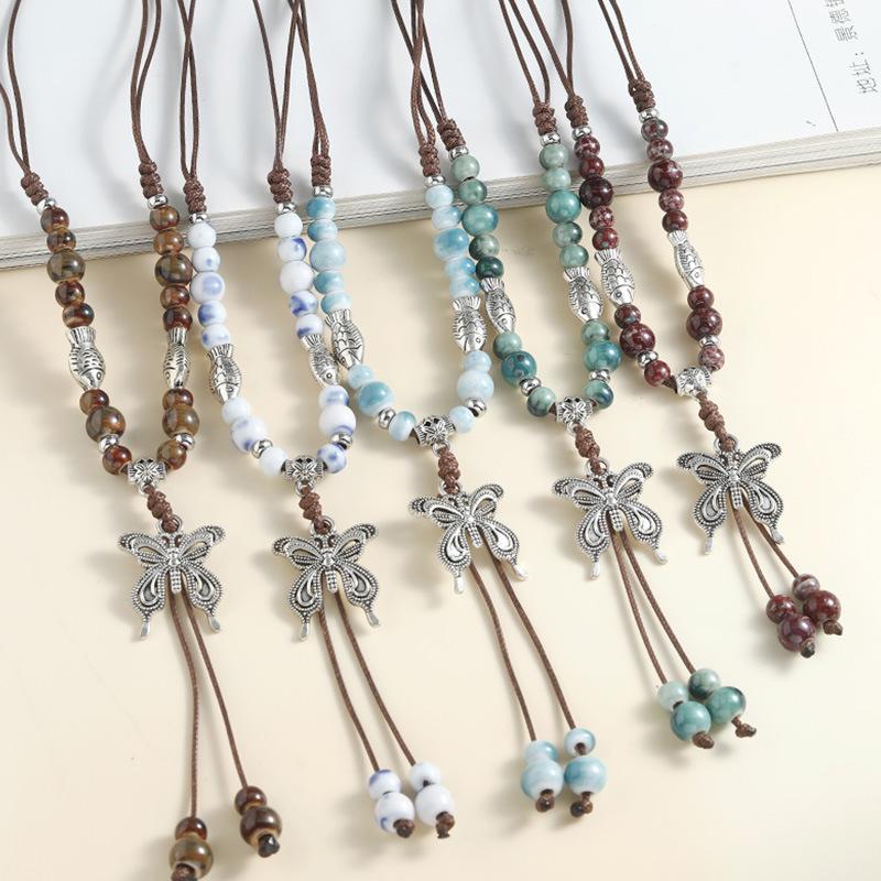 Chinese style long length sweater style accessory  butterfly necklace  ceramic  hanger cord