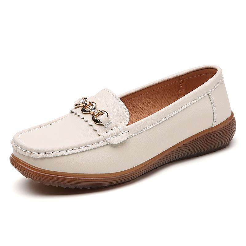 2023 Spring/Autumn Women's Casual Leather Slip-On Shoes with Metal Buckle - Soft Sole, Large Size, Comfort for Moms