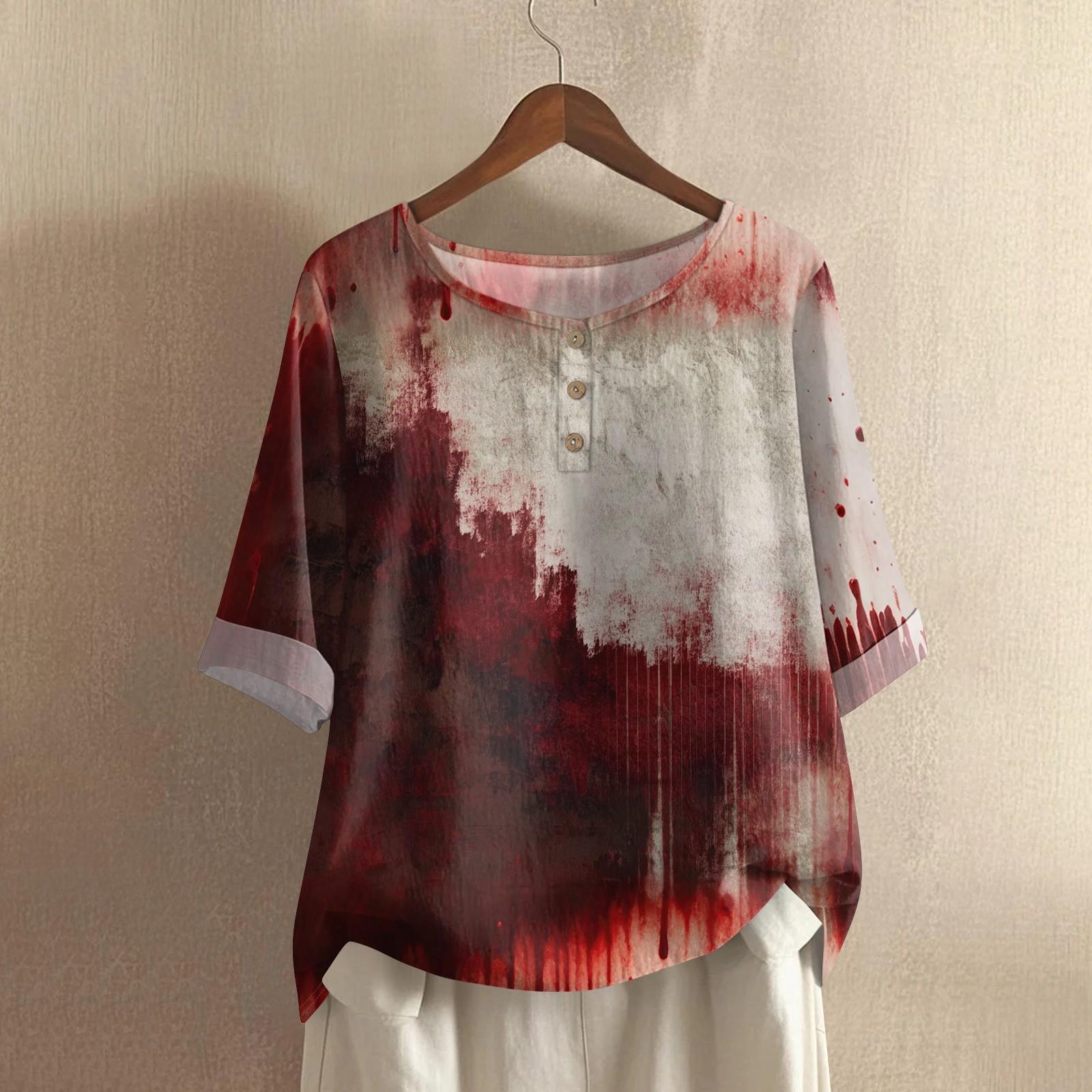 

Женская модная и повседневная рубашка с полурукавом, круглым вырезом, принтом, из хлопка и льна, блузка-топ XXL киноварь