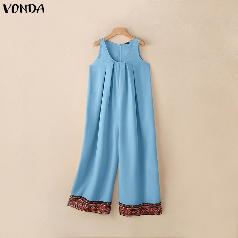 VONDA Women Summer Sleeveless Print Hem Casual Long Holiday Jumpsuits Overalls