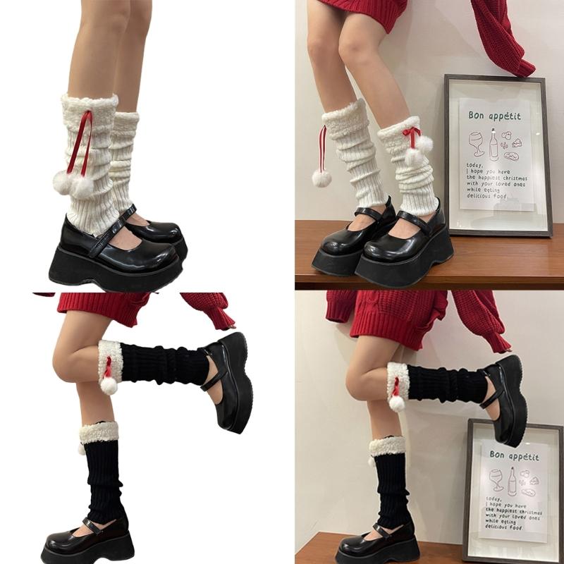 Women Winter Ribbed Knit Leg Warmer Stockings Y2K Harajuku Furry Trim Plush Ball Bow Christmas Leg Cover Long Boot Socks