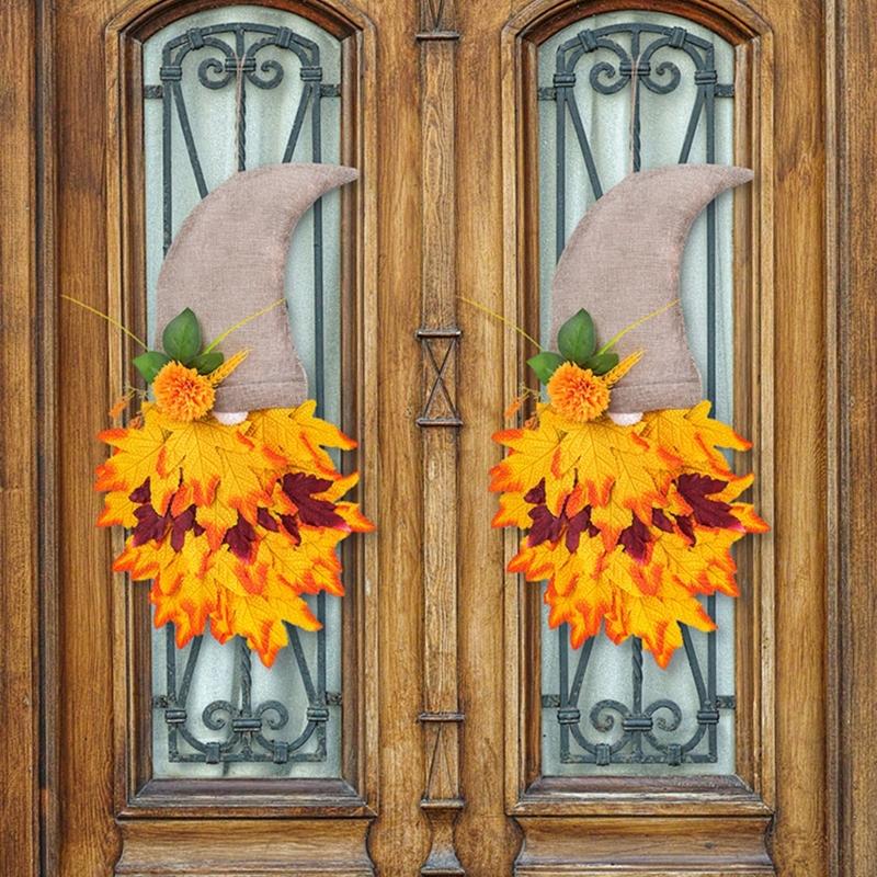Harvest Gnomes Figure Maple Leaf Flower Fall Wreath Hanging Sign Ornament for Farmhouses Front Door Wall Decoration