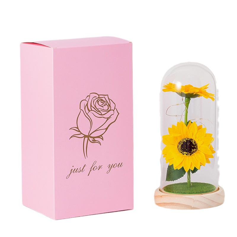 Creative Sunflower Night Light: Preserved Flower in Glass Dome with Acrylic Lampshade.