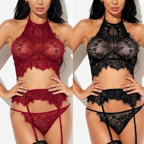 3Pcs Sexy Women See Through Floral Lace Babydoll Bra Briefs Garter Underwear Set