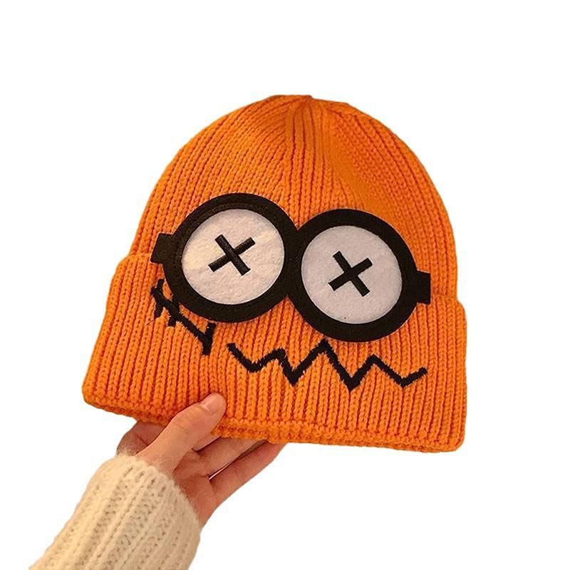 Cute Cartoon Cuff Beanie Cap Women'S Candy Color Big Eyes Smile Skullies Hat Fashion Streetwear Student Warm Winter Knitted