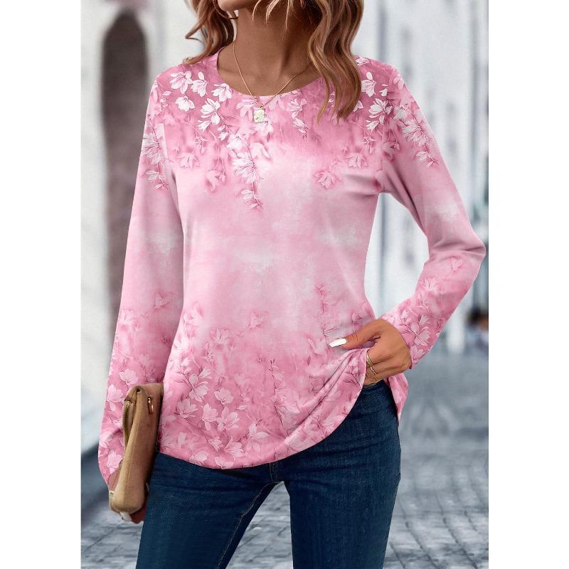 Round Neck 3D Flower Print Elegant Casual Long Sleeved Women's T-shirts - Soft Medium Stretch Polyester Fabric Spring and Autumn Relaxed Fit Clothing