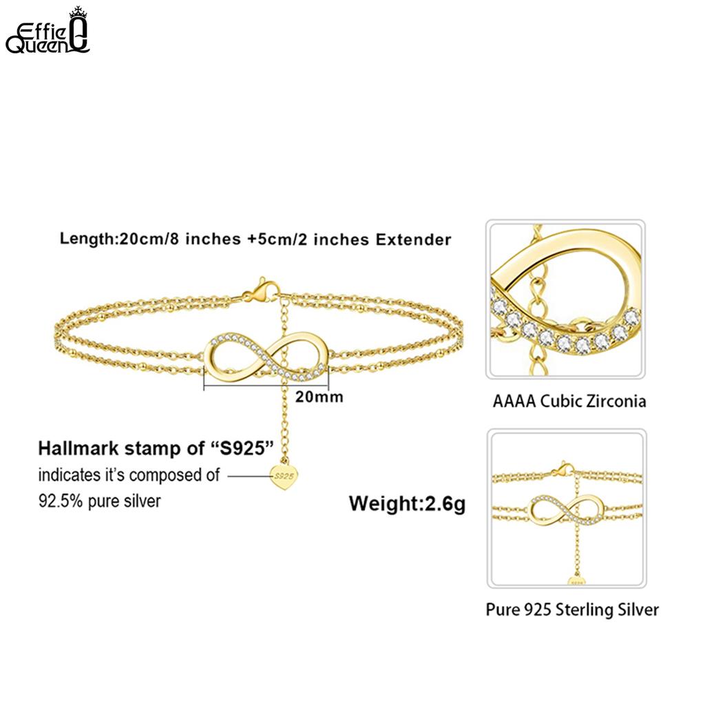 Effie Queen Layered Infinity & Satellite Chain Anklet 925 Sterling Silver Gold Plated Simple Women Beach Foot Jewelry Chain SA16