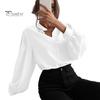 Women Shirt Stand Collar Lantern Long Sleeve Single Breasted Shirt Tops Solid Color Loose Fit Casual Shirt