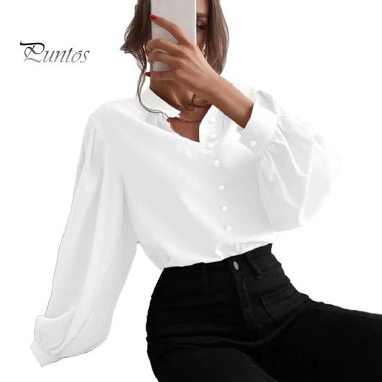 Women Shirt Stand Collar Lantern Long Sleeve Single Breasted Shirt Tops Solid Color Loose Fit Casual Shirt