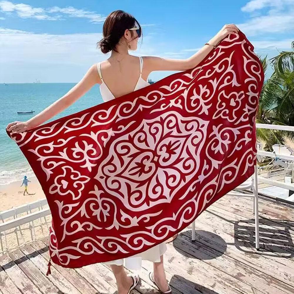 180Cm Leopard Print Flower Ethnic Style Scarf For Women'S Summer Sun Protection Silk Scarf, Paired With A Shawl Cape Beach Scarf