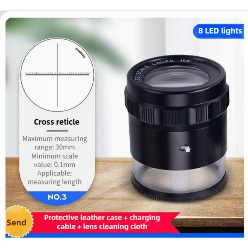 10-fache HD-Zylinderlupe mit Licht, verschiedene Messskalen, tragbar, USB-Ladefunktion, optische Lupe