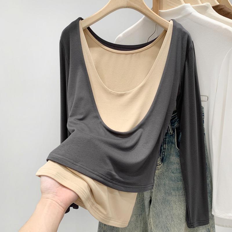 Women's Two-Tone Long-Sleeve Layered T-Shirt: 2026 Autumn/Winter Style, Versatile Inner or Outerwear