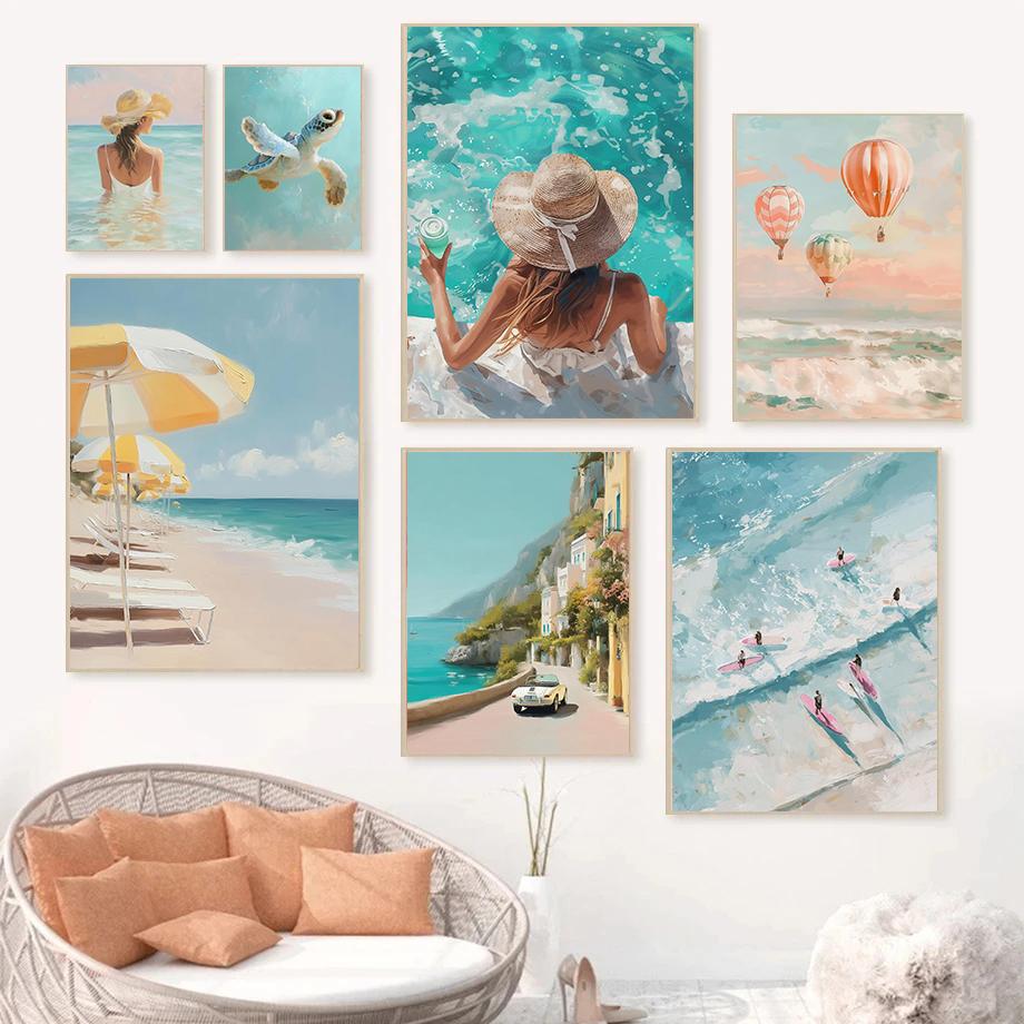Dreamy Pastel Summer Beach Posters Woman Swimming Umbrella Sea Turtle Prints Canvas Painting Wall Picture Home Living Room Decor