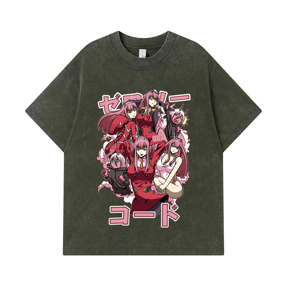 

275 GSM Washed T-shirts 100% Cotton Darling In The Franxx V3 Zero Two Print Unisex Heavy Cotton T Shirt S армия зеленый