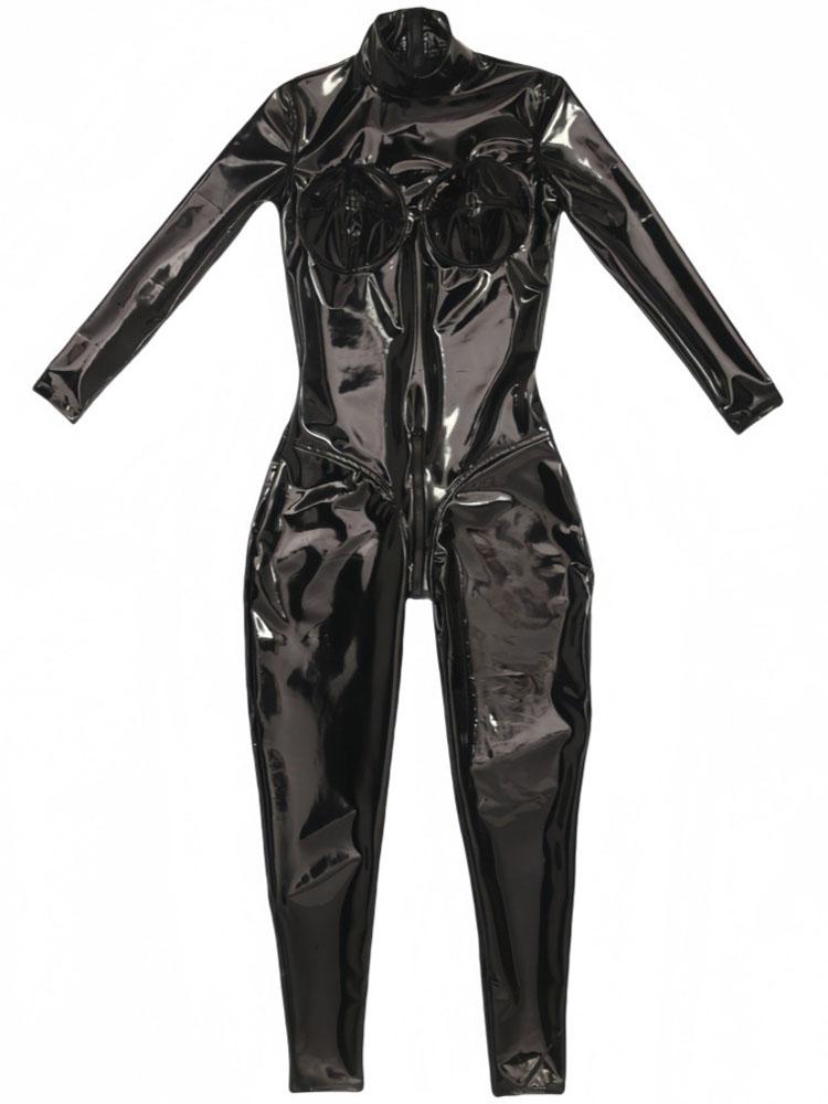 Sexy Pu Latex Ammonia Jumpsuit Women'S Breast Shaper Wear Slim Body Bodysuit Black Shiny Nightclub Perform Dance Elastic Tights