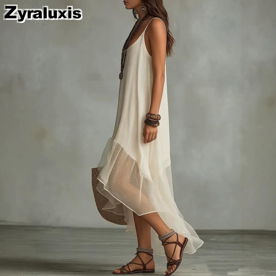 New Lazy Bohemian Vacation Solid Ruffle Sundress for Women