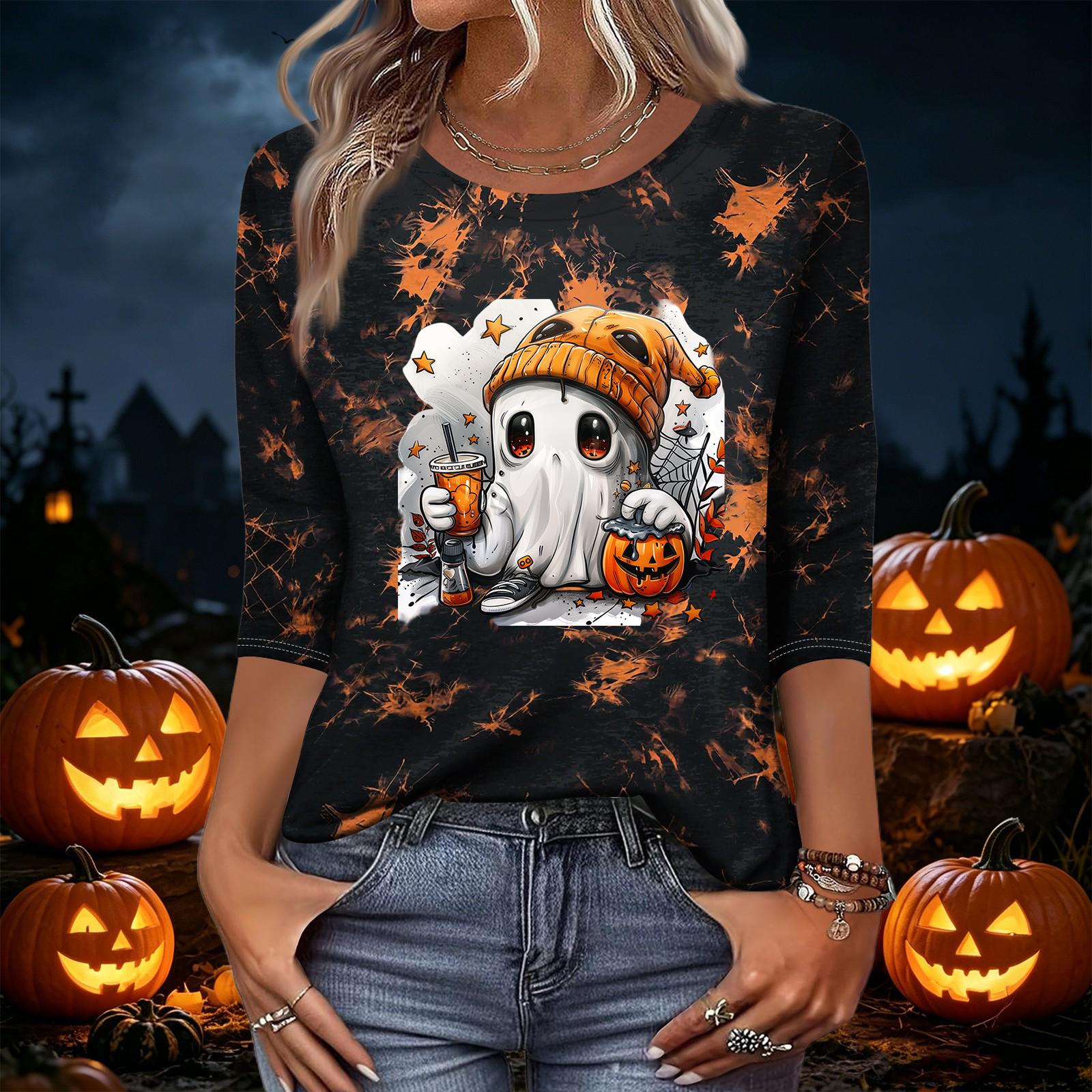 Women s Casual 3/4 Sleeve Halloween Print Neck Top S