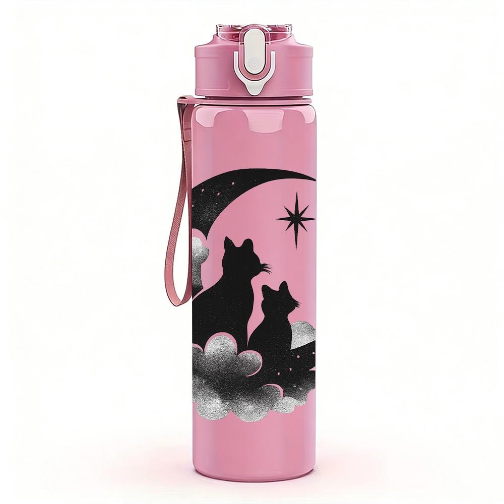 1PC Cat Moon Night Silhouette 750ml Color Plastic Sports Water Bottle Leakproof Flip Straw Lid Suitable for Sports Office Home Use
