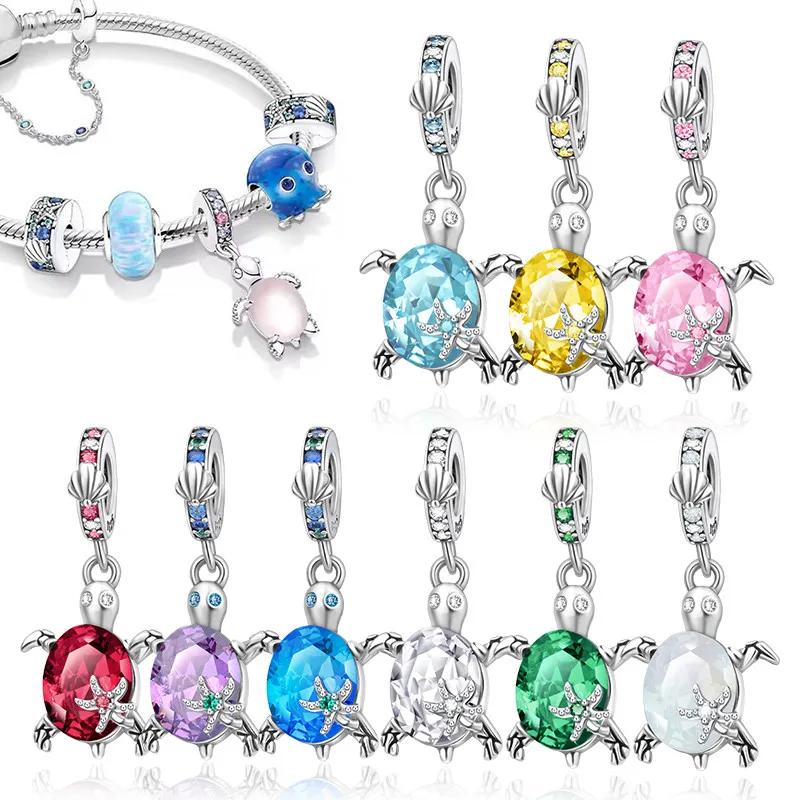 Copper Blue Zircon Star Sea Turtle Shape Twelve Color Charm Beads Fit Original Bracelet For Women Pendant Diy Jewelry Gift