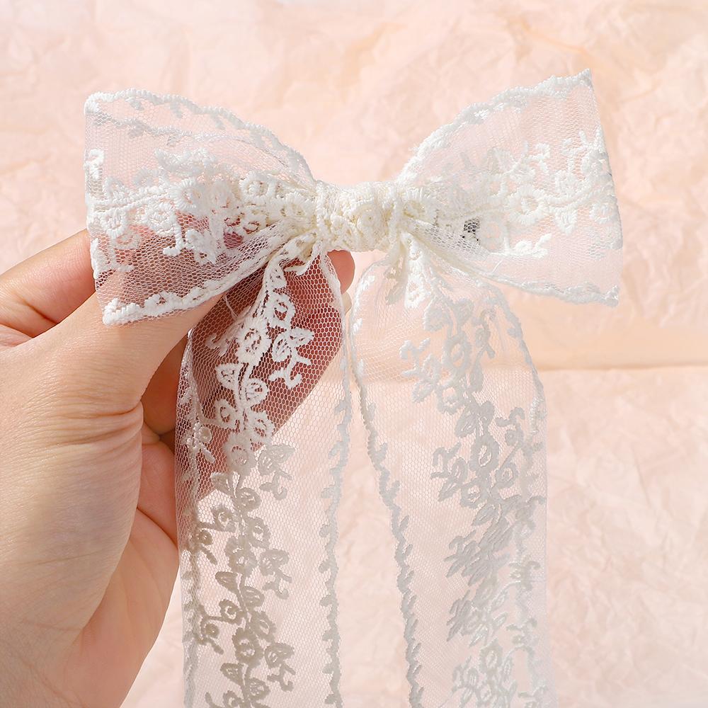 RAINBOW BOWS 1Pcs 8inch White Long Tassle Bowknot Hair Ponytail Clips Hollow Lace Elegant Women Hairgripes Girls Lovely Headwear