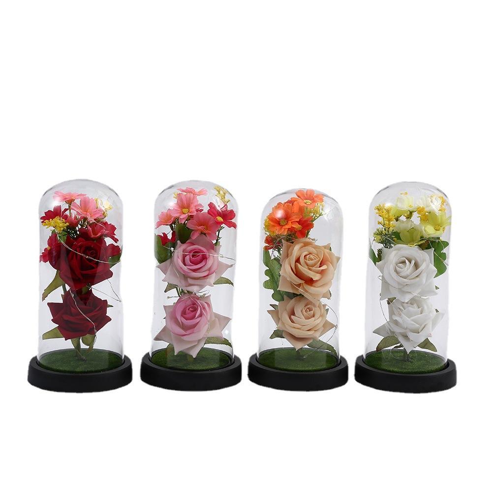 Qixi Festival Valentine's Day gift, immortal flower glass cover, rose gift box, simulated flower gift, home ornament dust cover