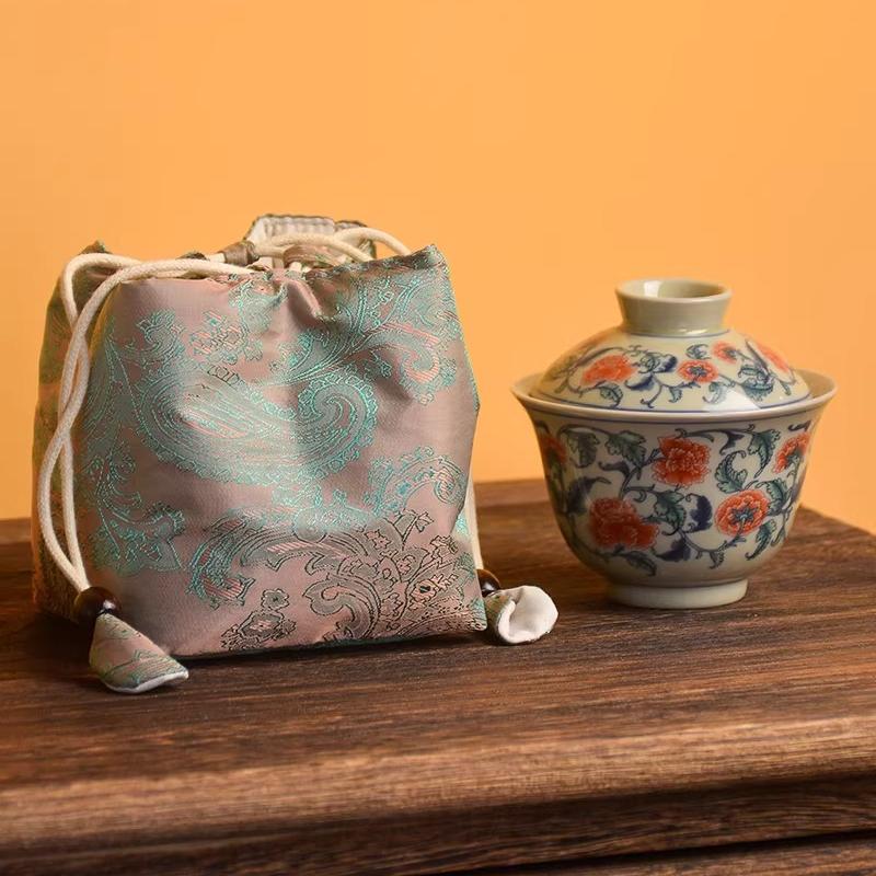 1pc Tea Set Storage Bag Chinese Woven Brocade Tea Cup Bag Vintage Printed Teapot Cloth Bags Portable Travel Master's Cup Sacks