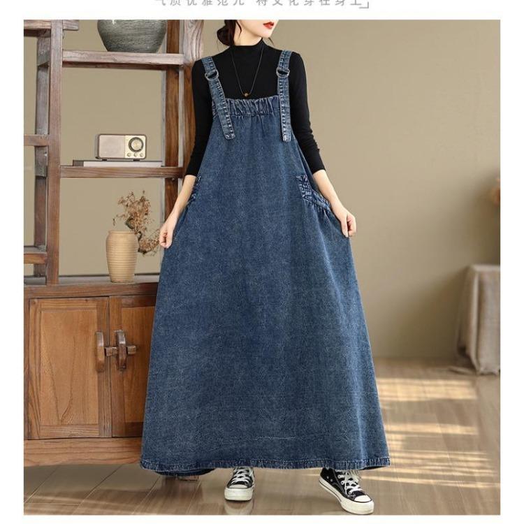 Vintage Denim Maxi Dress Women Plus Size Loose Casual Basic Sleeveless Long Dress Cotton