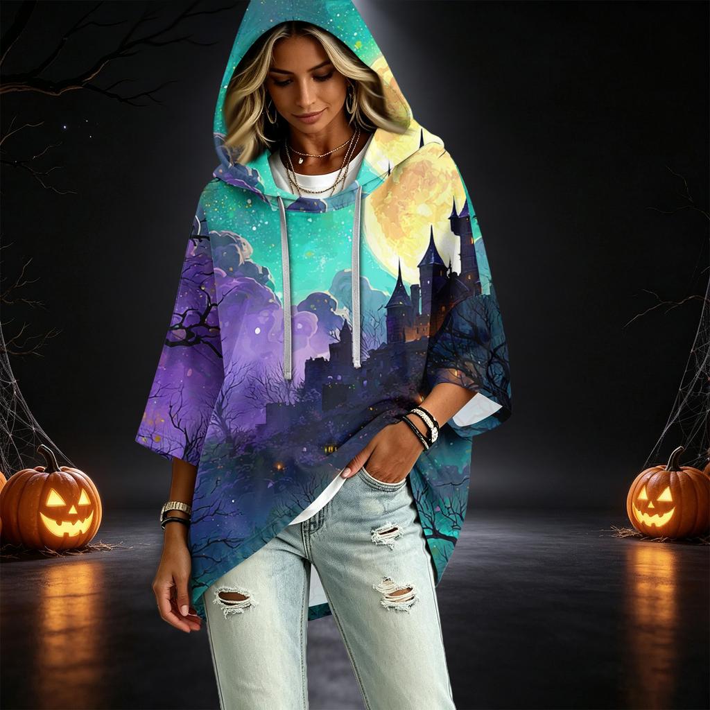 Women's Halloween Printed Hoodie 3/4 Sleeve Pullover Casual Tunic for Party