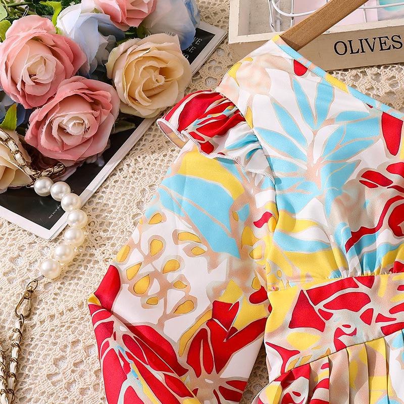 Girls' Dress Autumn New High-end Elegant Printed V-neck Long Sleeve Waist-cinching Slimming Pleated Long Dress for Children