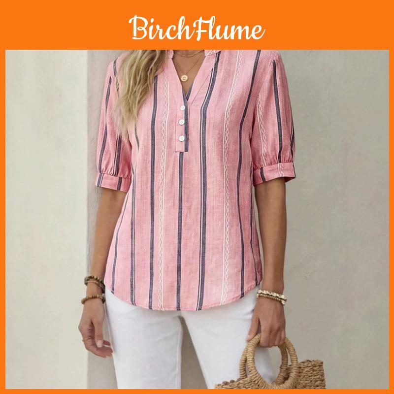 Summer Womens Short Sleeve Linen Striped Print Shirt With V Neck For Casual Wear