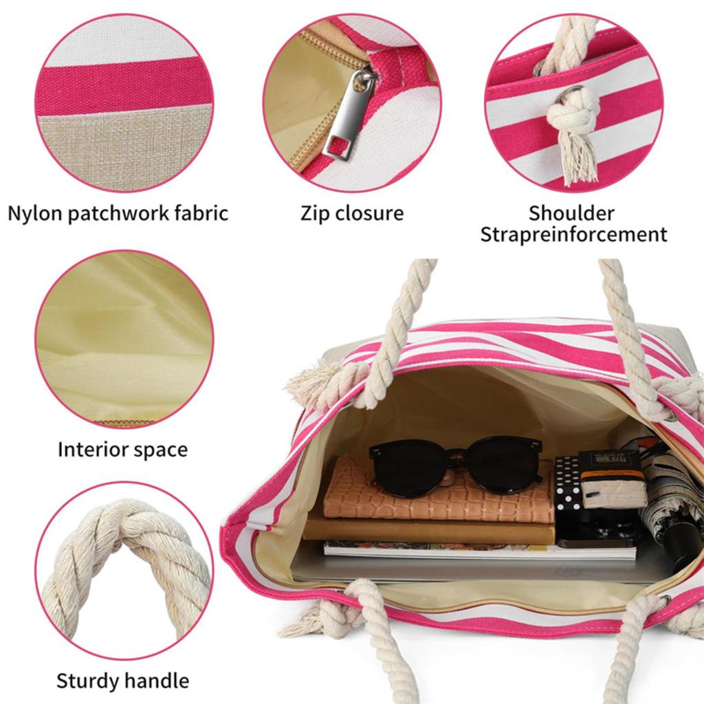 Casual Striped Canvas Bag For Women Large Capacity Shoulder Bag Shopping Totes Student Bookbag for School Travel Beach