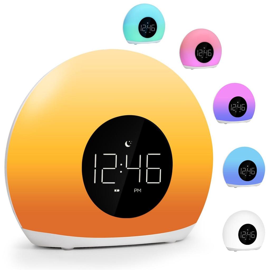 LED Light Alarm Clock, Digital Desk Clock with Sunrise-like Light, Multi-color Illumination & 4-level Dimming, Snooze Function, Sleep Timer, Backup