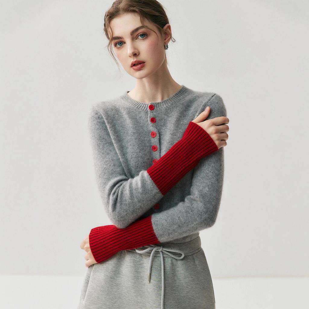 Women's Color Block Cashmere Cardigan - Soft Knit Round Neck Slim Fit Wool Sweater for Autumn/Winter