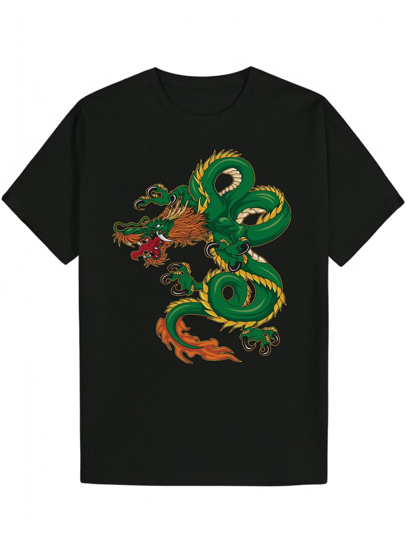 

Dragon Graphic T-shirt - Black Polyester Tee with Vibrant Green & Orange Animal Print M