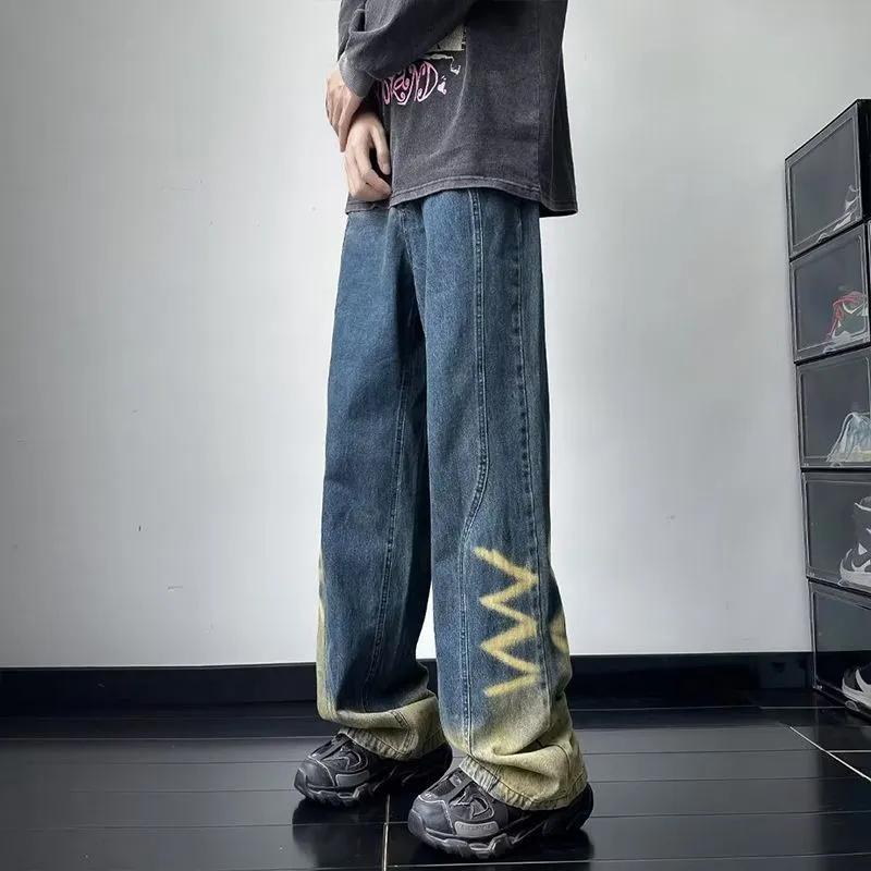 

Young Style Gradient Streetwear Jeans Men s Clothing High Waist Denim Pants Autumn New Vintage Wide Leg Washed Straight Trousers S синій