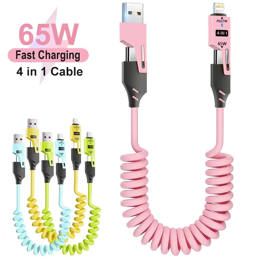 4-in-1 Coiled USB C Cable for Car [240W Fast Charging] USB C to L/Type C/USB A Cable Charger for iPhone15 14 13 12 /iPad Android