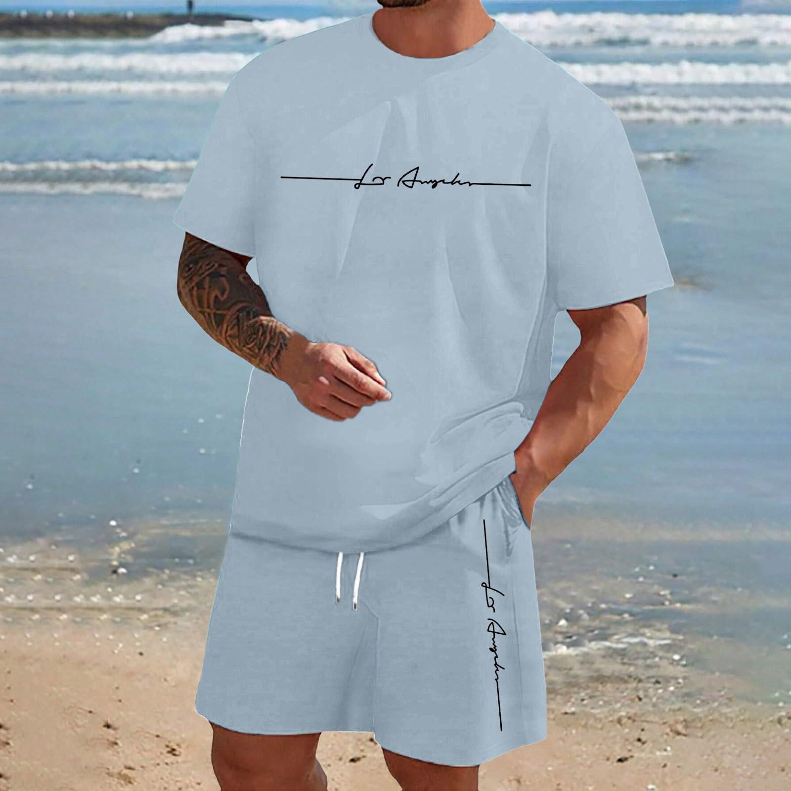 

Men S Color Casual Round Neck Short Sleeved Shorts Two-Piece Set L