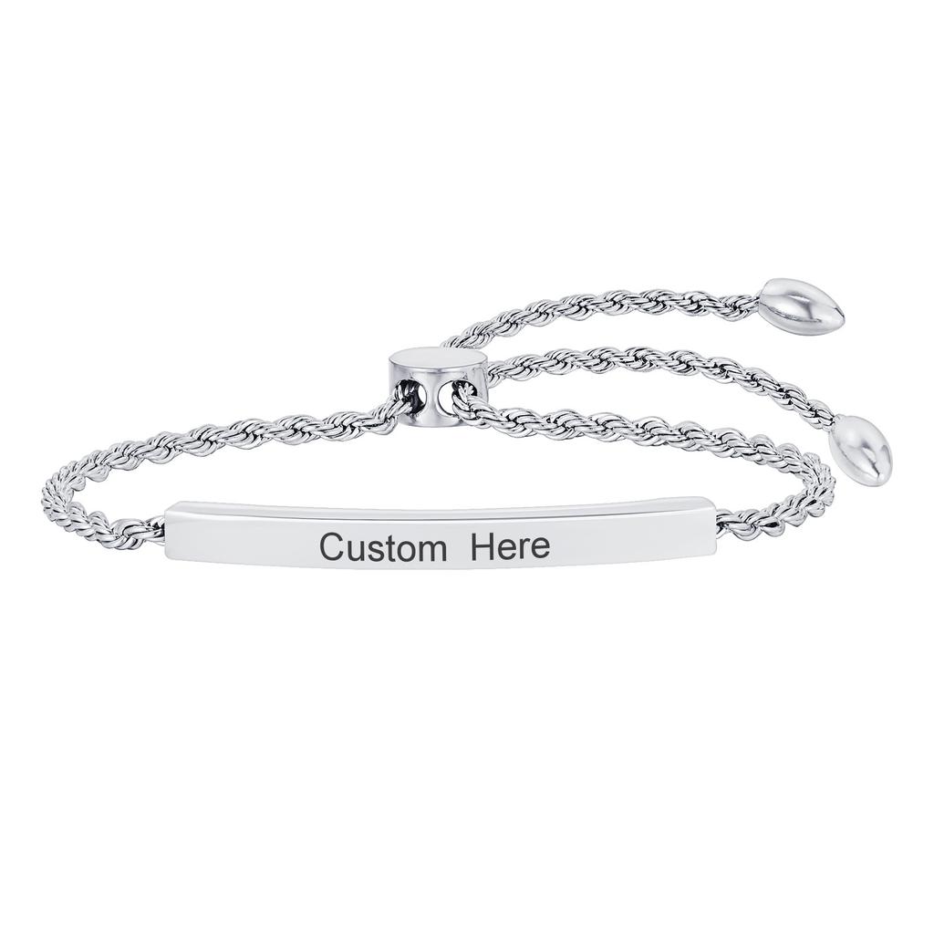 Personalized Bracelet for Women,Stainless Steel Adjustable Twist Chain Bracelets Engraved Name Date Daughter Mom Baptism Gift